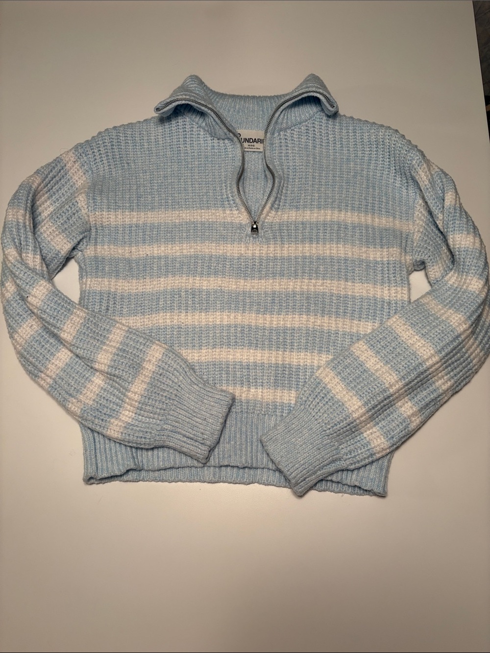 Light Blue & White Stripe Half-Zip Knit Sweater